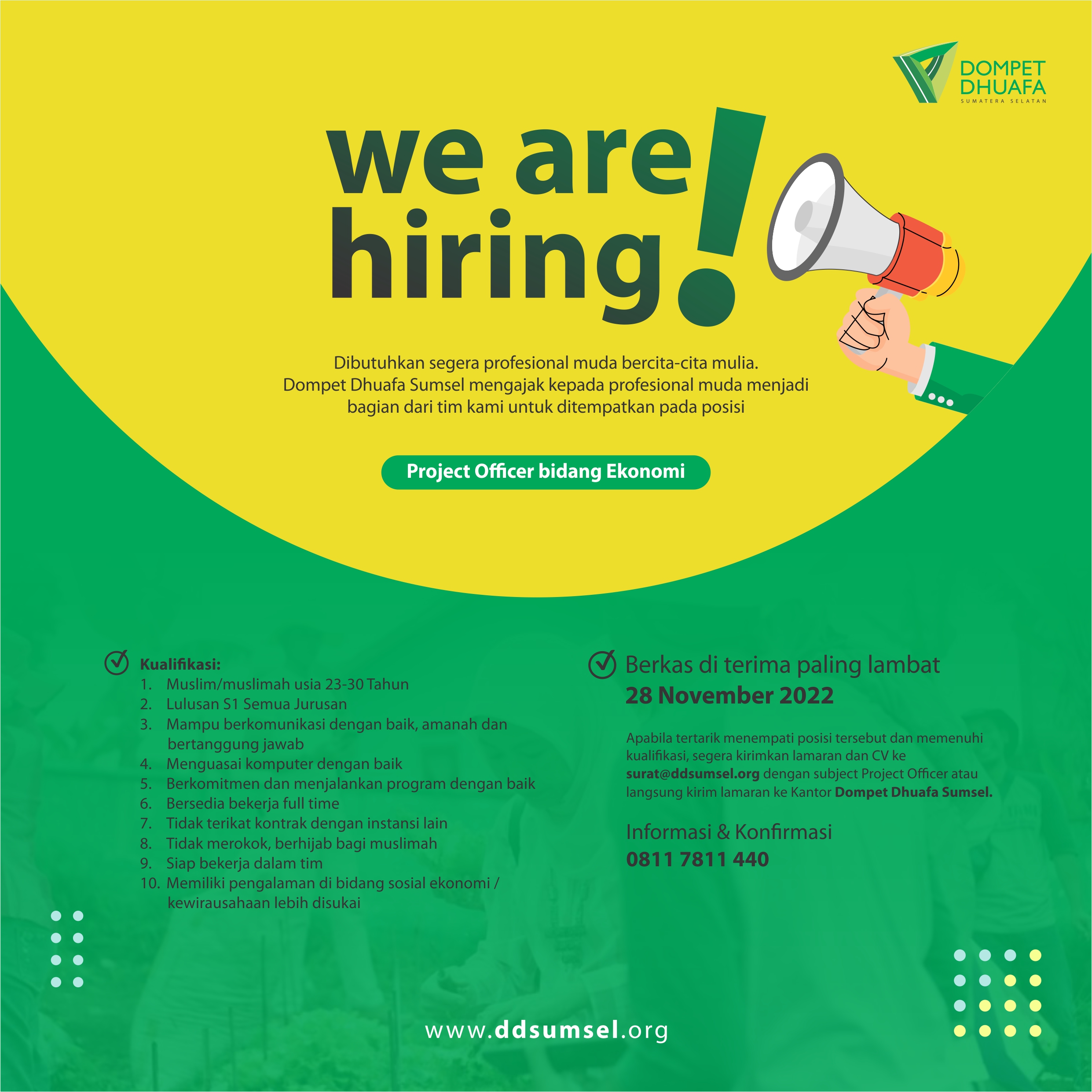 WE ARE HIRING Project Officer Bidang Ekonomi Dompet Dhuafa Sumsel   Oprec Project Officer 